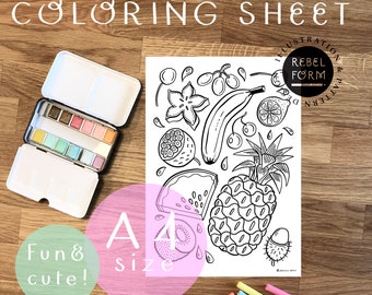Printable Coloring Page - Exotic Fruit -  A4 PDF & JPG instant download