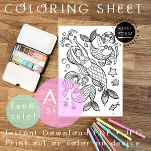 Printable Coloring Page - Mermaids -  A4 PDF & JPG instant download