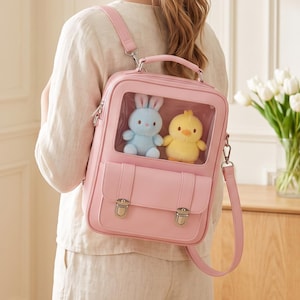 Ita Bag Satchel Buckle Flap, Plush Display Window Backpack, Kawaii Structured Shoulder Bag with Top Showcase, 3 Colors