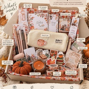 May include: A gift box labelled The Bramblefields Autumn Box containing stationery and seasonal items including an A5 notepad, list pad, mini notes pad, bookmark, pencil case, pens, highlighters, correction tape, post-it notes, paper clips, stickers, a candle, and a soft pumpkin decoration.