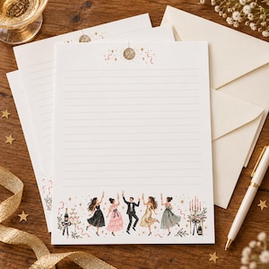 May include: White stationery paper with horizontal lines, featuring a gold disco ball at the top and a colourful illustration at the bottom showing five people in formal attire holding champagne glasses, alongside a champagne tower and candles.