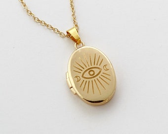 Evil Eye Photo Locket Necklace Gold