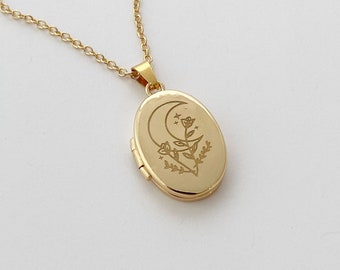 Moon Floral Photo Locket Necklace Gold