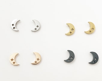 Moon and Star Cut out earrings, gold, rose gold, silver, black