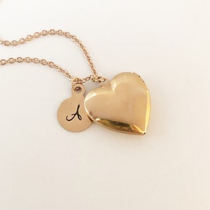 Heart Photo Locket with Initial Charm Necklace in Gold, Silver, or Rose Gold