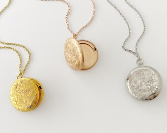 Floral Photo Locket Necklace in Gold, Silver, or Rose Gold