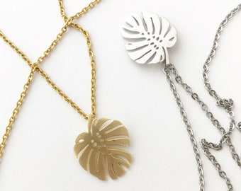 Monstera Plant Necklace in Gold, Silver, or Rose Gold