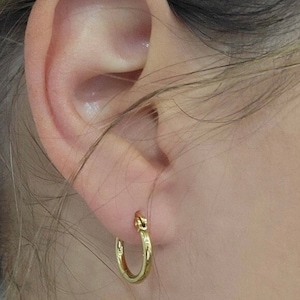 May include: Gold hoop earrings worn in a person's earlobe.