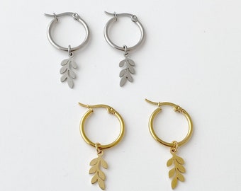 Leaf Drop Hoop Earrings, hoop earrings with charm, Gold, Rose Gold or Silver
