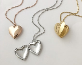 Heart Photo Locket Necklace in Gold, Silver, or Rose Gold