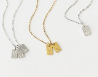 Custom Initial Tag necklace gold or silver, Dainty Bar Tag, Engraved Small Tag
