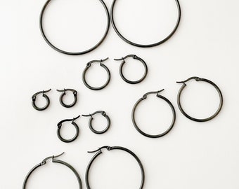 Black hoop earrings, Black Ear Huggie, Small black hoop earrings