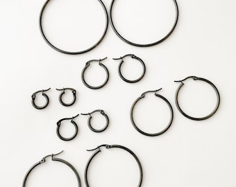 Black hoop earrings, Black Ear Huggie, Small black hoop earrings