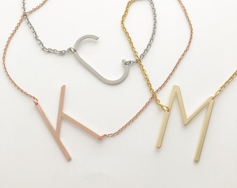 Gold / Rose Gold / Silver Initial Necklace, Sideways Statement Initial Necklace, Oversized Initial, Large Pendant