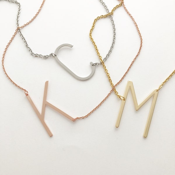 Gold / Rose Gold / Silver Initial Necklace, Sideways Statement Initial Necklace, Oversized Initial, Large Pendant