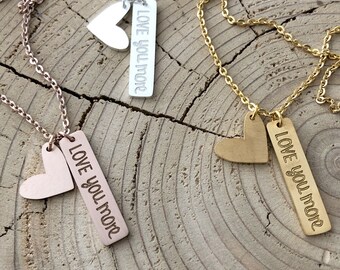 LOVE YOU MORE bar necklace with heart charm and extender, Silver - Gold - Rose Gold