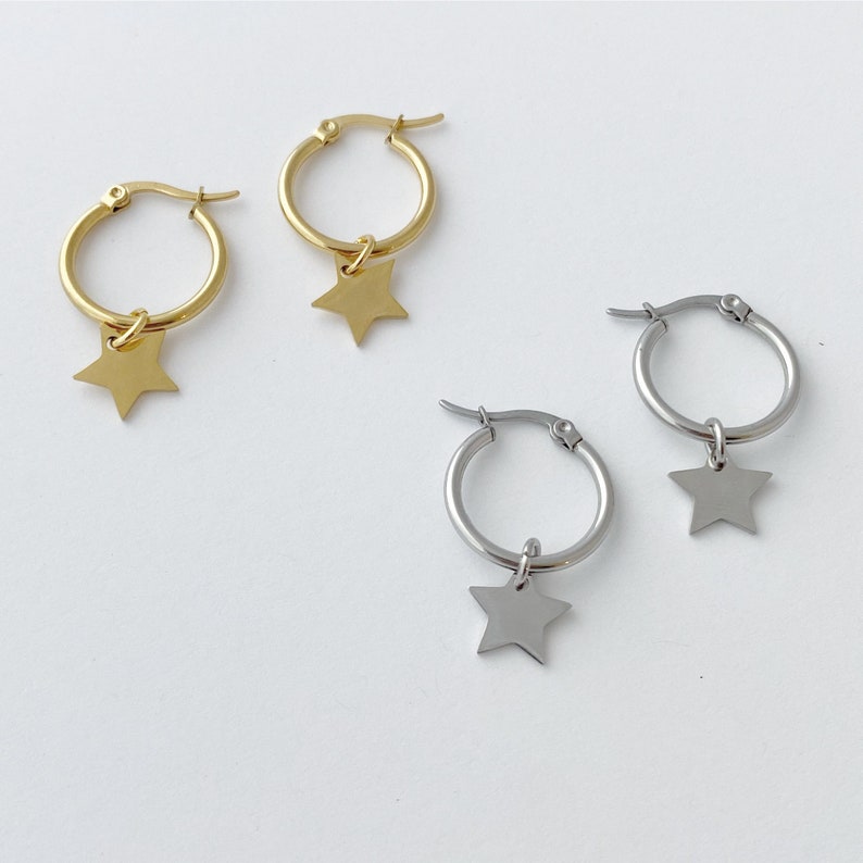 Star Hoop Earrings Gold, silver, gift for woman, for man imagem 1