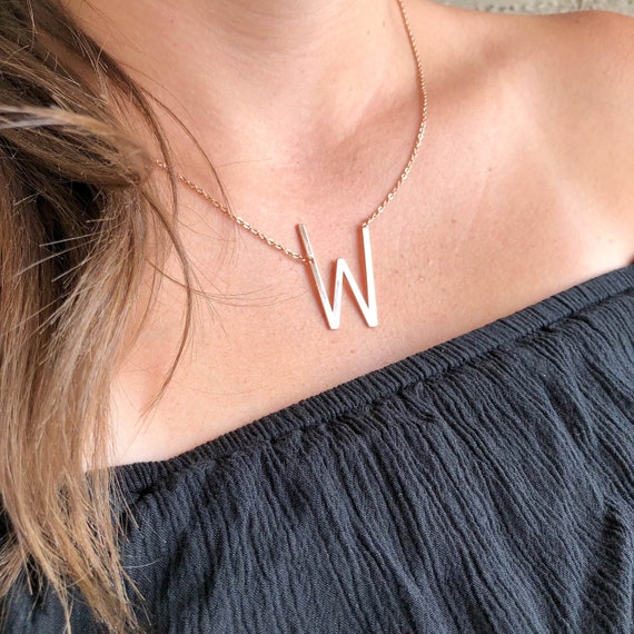 Gold Rose Gold Silver Initial Necklace Sideways Statement