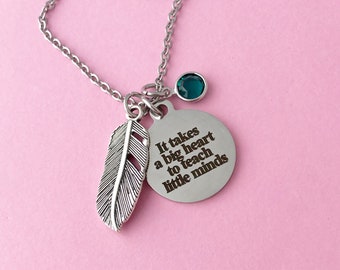 Teacher Necklace, It takes a big heart to teach little minds, silver teacher gift, #1 teacher, school gift