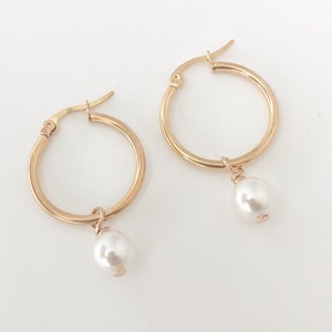 Pearl Drop Hoop Earrings; Gold, Rose Gold or Silver