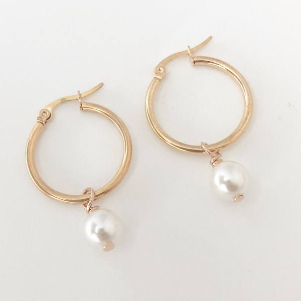 Pearl Drop Hoop Earrings; Gold, Rose Gold or Silver