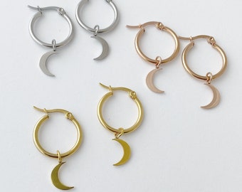 Moon Hoop Earrings; Gold, silver, gift for woman, for man