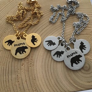 Mama Bear Necklace, Baby Bear Cub, Stainless Steel Silver Charms, Hypo Allergenic