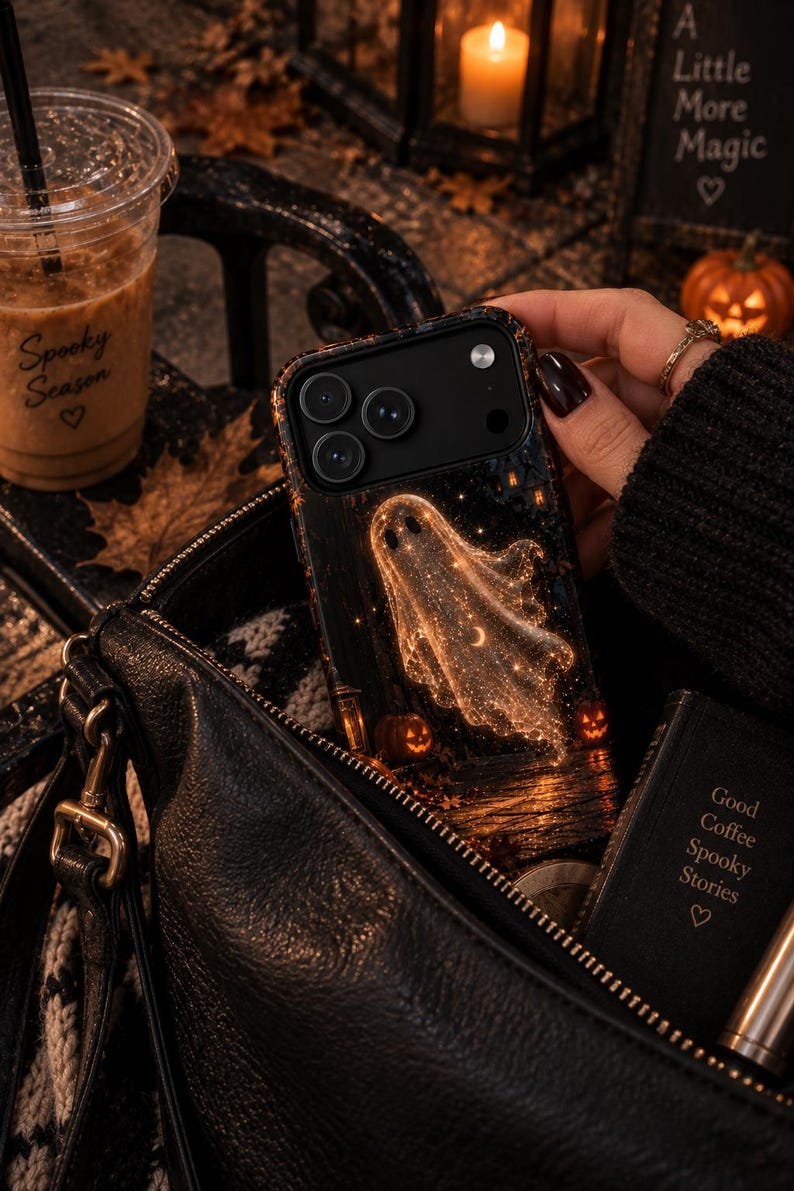 Sparkly Ghost Phone Case, Halloween iPhone Case, Glowing Ghost Cover, Celestial Spooky Case, Cute Halloween Gift image 3