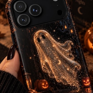 Sparkly Ghost Phone Case, Halloween iPhone Case, Glowing Ghost Cover, Celestial Spooky Case, Cute Halloween Gift image 2