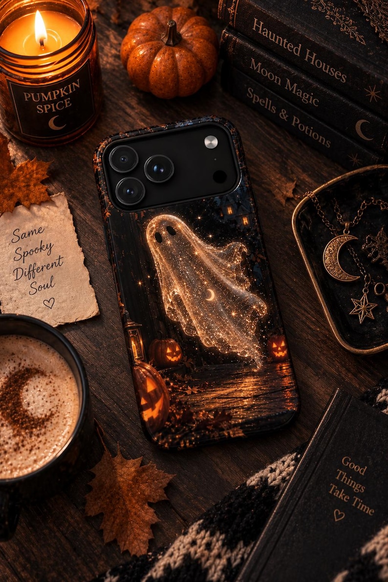 Sparkly Ghost Phone Case, Halloween iPhone Case, Glowing Ghost Cover, Celestial Spooky Case, Cute Halloween Gift image 7