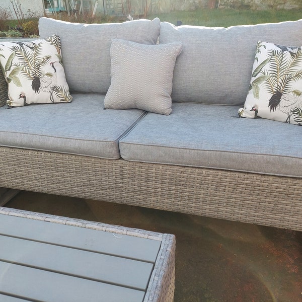 Square Crane and Fern water resistant outdoor cushion, grey and white outdoor cushion