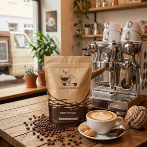 Pode incluir: Um saco de café bege com o rótulo Espresso Rollbar Meisterstück e um gráfico de uma chávena de café num pequeno camião. Ao lado, uma chávena de cerâmica branca com latte art, duas bolachas pequenas, um pedaço de chocolate e grãos de café.