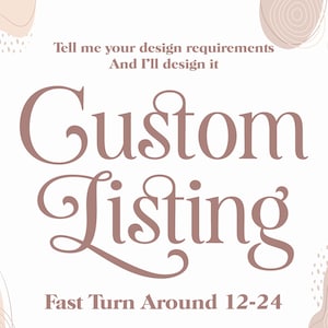 May include: A white graphic sign with mauve text that reads Custom Listing, Tell me your design requirements And I'll design it, and Fast Turn Around 12-24. The corners feature abstract mauve and beige organic shapes and line art patterns.