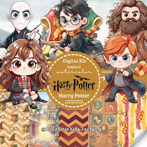 Może przedstawiać: Cyfrowy zestaw zawierający akwarelowe ilustracje postaci z Harry'ego Pottera, w tym Harry'ego, Hermiony, Rona, Hagrida i Voldemorta. Projekt zawiera centralną okrągłą odznakę z napisem Digital Kit Inspired watercolor Harry Potter.