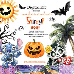 May include: A digital kit featuring watercolor illustrations of a sun, bats, spiders, a palm tree, a pumpkin, and a character in a skeleton costume. Text includes Digital Kit, watercolor, STITCH! BOO!, Stitch Halloween, 62 HIGH-RESOLUTION PNG IMAGES AND 12 WALLPAPERS, and @CreativeKitsFactory.
