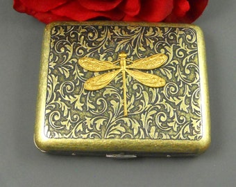 Victorian Dragonfly Cigarette Case Gothic Victorian Style Metal Steampunk Wallet, Regular Size Tobacco Holder Pocket Box