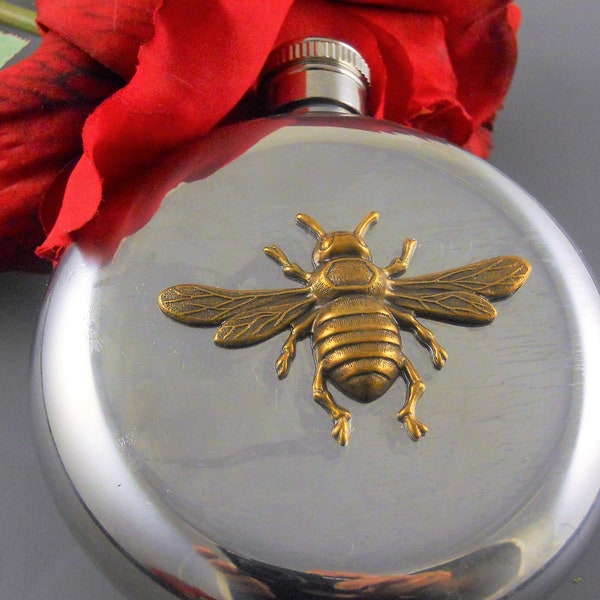 Bronze Bee Flask, Honey Bee, Insect, Bug, Vintage Inspired Gothic, Steel Flask,  Whisky Flask Queen Bee, 5Oz Flask