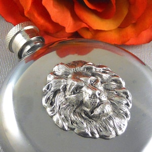 Lion Flask, Silver Lion Flask, Silver Flask, Round Silver Lion Flask, Vintage Inspired, Father, Brother, Women, Men, Teacher Gift 5Oz Flask