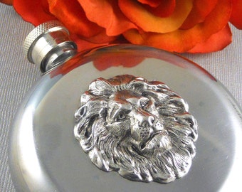 Lion Flask, Silver Lion Flask, Silver Flask, Round Silver Lion Flask, Vintage Inspired, Father, Brother, Women, Men, Teacher Gift 5Oz Flask