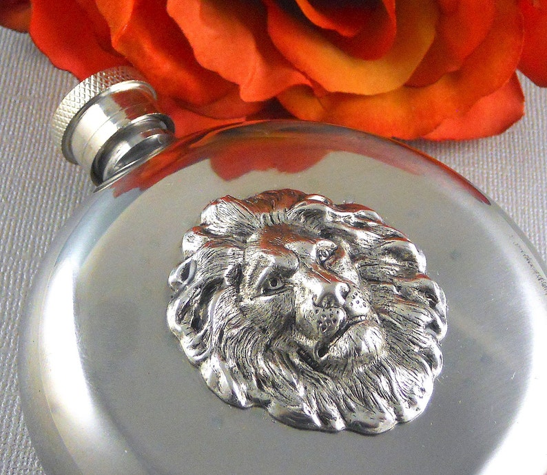 Lion Flask, Silver Lion Flask, Silver Flask, Round Silver Lion Flask, Vintage Inspired, Father, Brother, Women, Men, Teacher Gift 5Oz Flask image 1