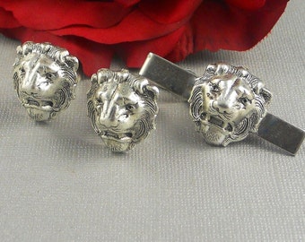 Vintage Inspired Silver Lion Cufflinks, Goth Steampunk Tie Clip Set