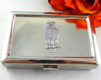 Sale Silver Owl Business Card Case  Business Card Holder, Silver Owl, Cigarette Case Holder, Wallet Woodland