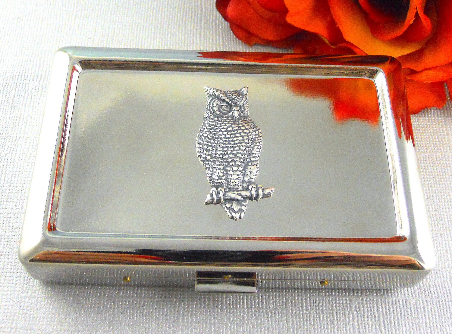 Sale Silver Owl Business Card Case  Business Card Holder, Silver Owl, Cigarette Case Holder, Wallet Woodland
