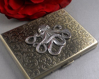 Octopus Cigarette Case Steampunk Gothic Victorian Business Card Case Vintage Inspired Father, Father of Bride Gift Smoking Accessories