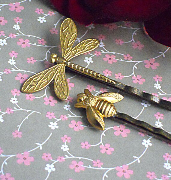 Items similar to Golden Dragonfly Hair Pins, Bee, Insect, Woodland