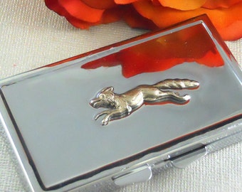 Silver Weekly Pill Box, Running Fox Embellishment, Mirrored Lid