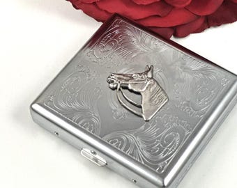 Silver Cigarette Case, Equestrian, Horse Box Money Holder, Vintage