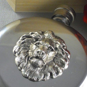 Lion Flask, Silver Lion Flask, Silver Flask, Round Silver Lion Flask, Vintage Inspired, Father, Brother, Women, Men, Teacher Gift 5Oz Flask image 4