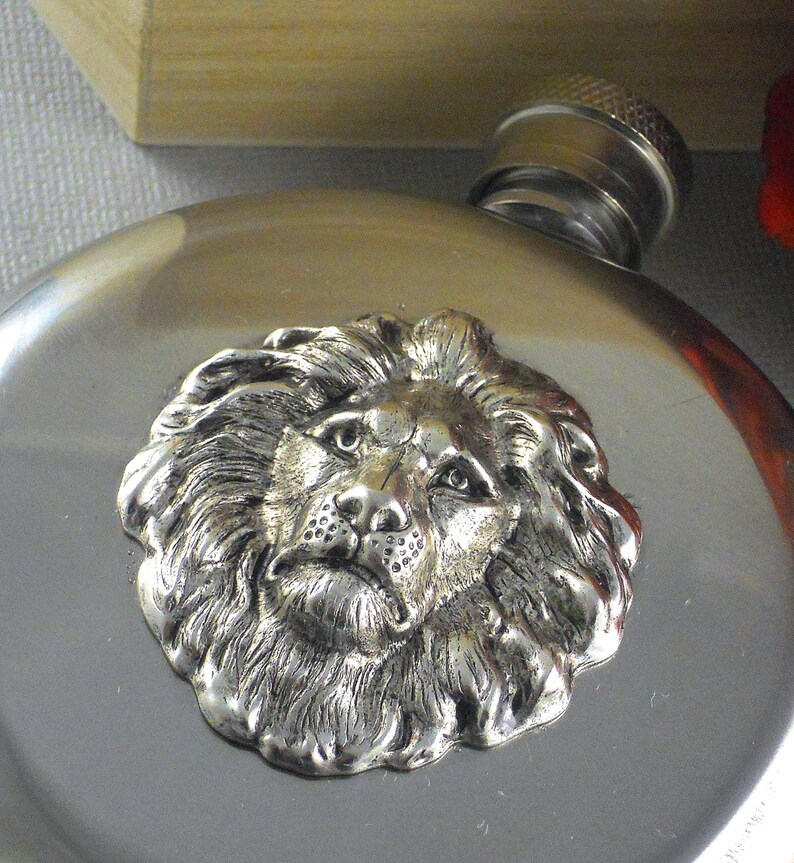 Lion Flask, Silver Lion Flask, Silver Flask, Round Silver Lion Flask, Vintage Inspired, Father, Brother, Women, Men, Teacher Gift 5Oz Flask image 4