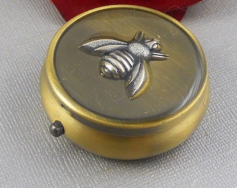 Vintage Bronze Pill Box, Antique Silver Bumble Bee, 3 Compartments